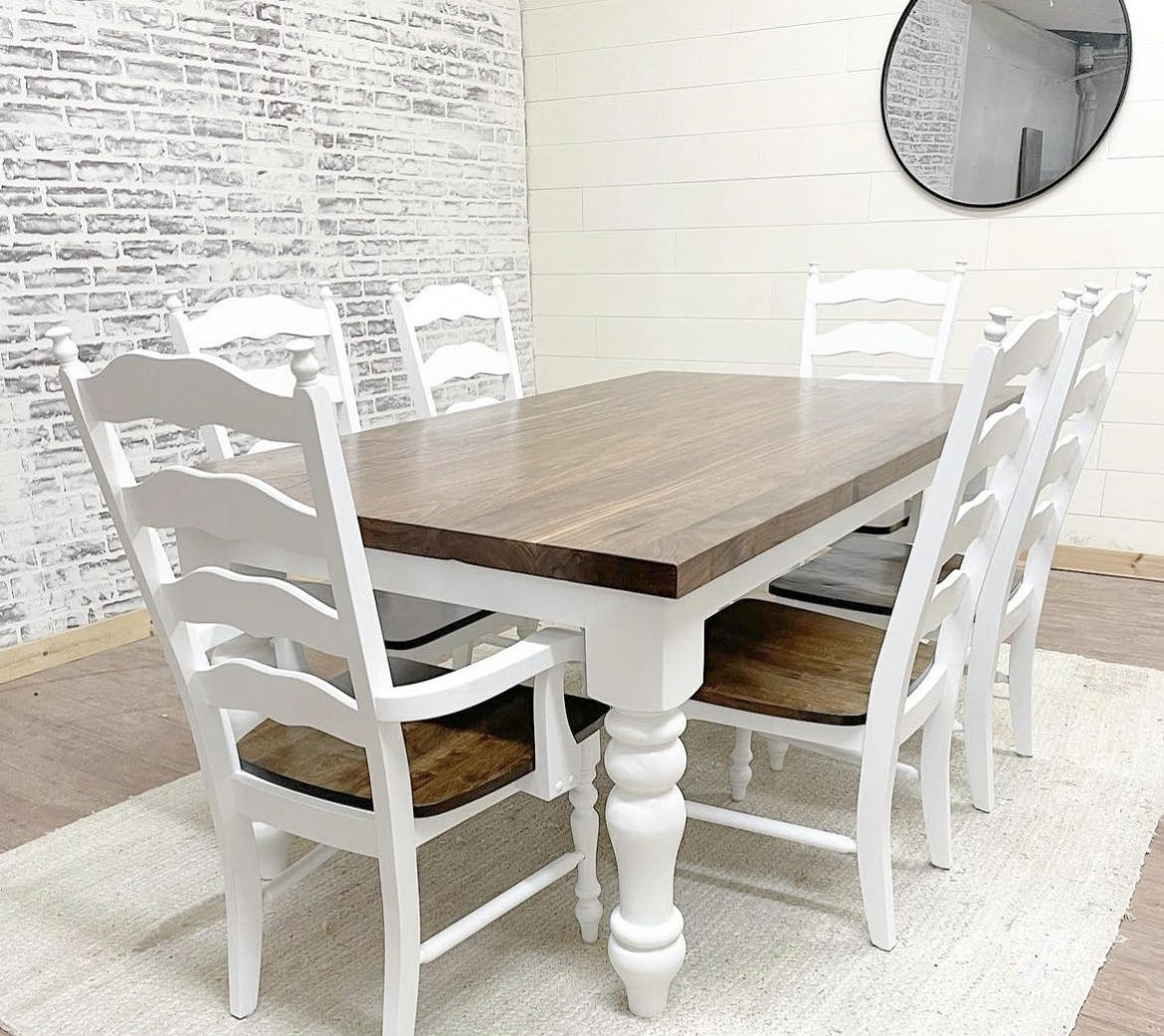 6' L x 42" W Walnut Husky Dining table with 4 Maine Ladder Back Chairs and 2 Captains Chairs