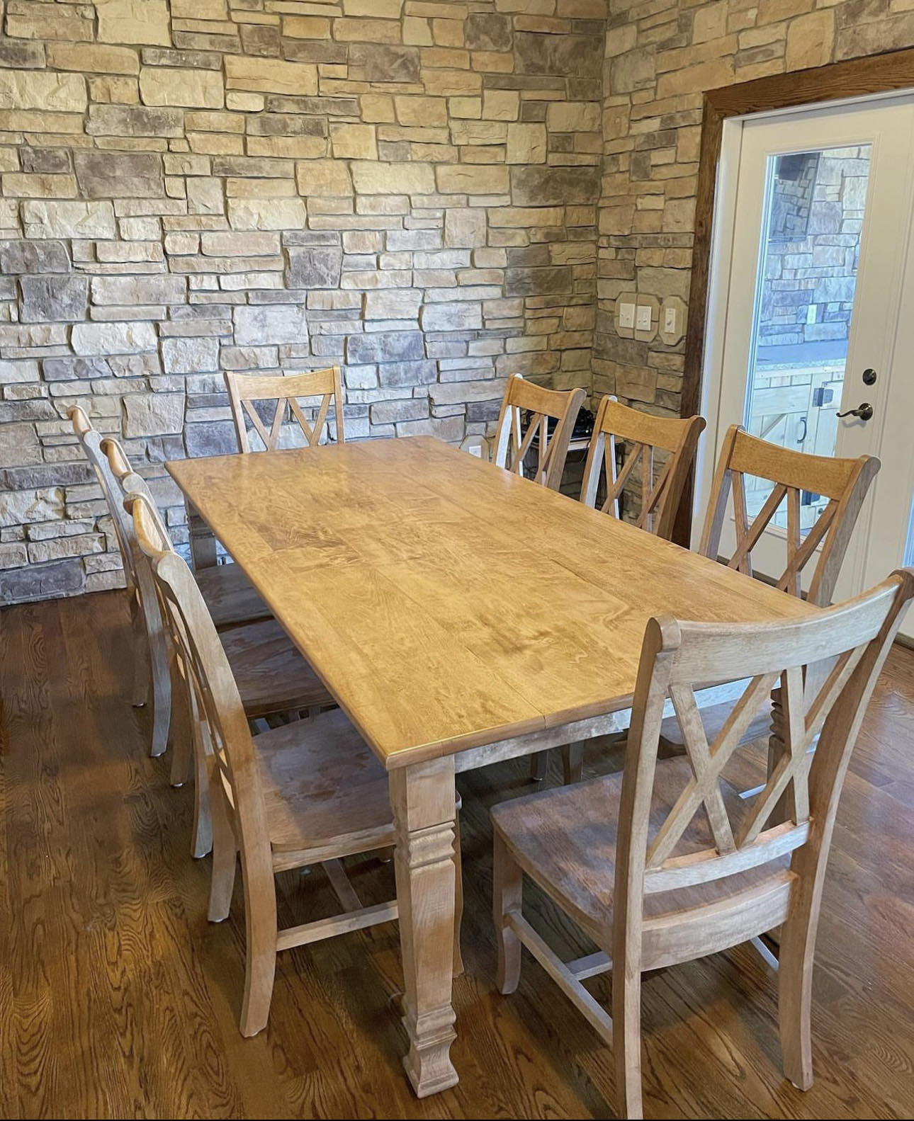 90" L x 42" W Hard Maple Nora Lee Dining Table with 8 Double Cross Back Chairs