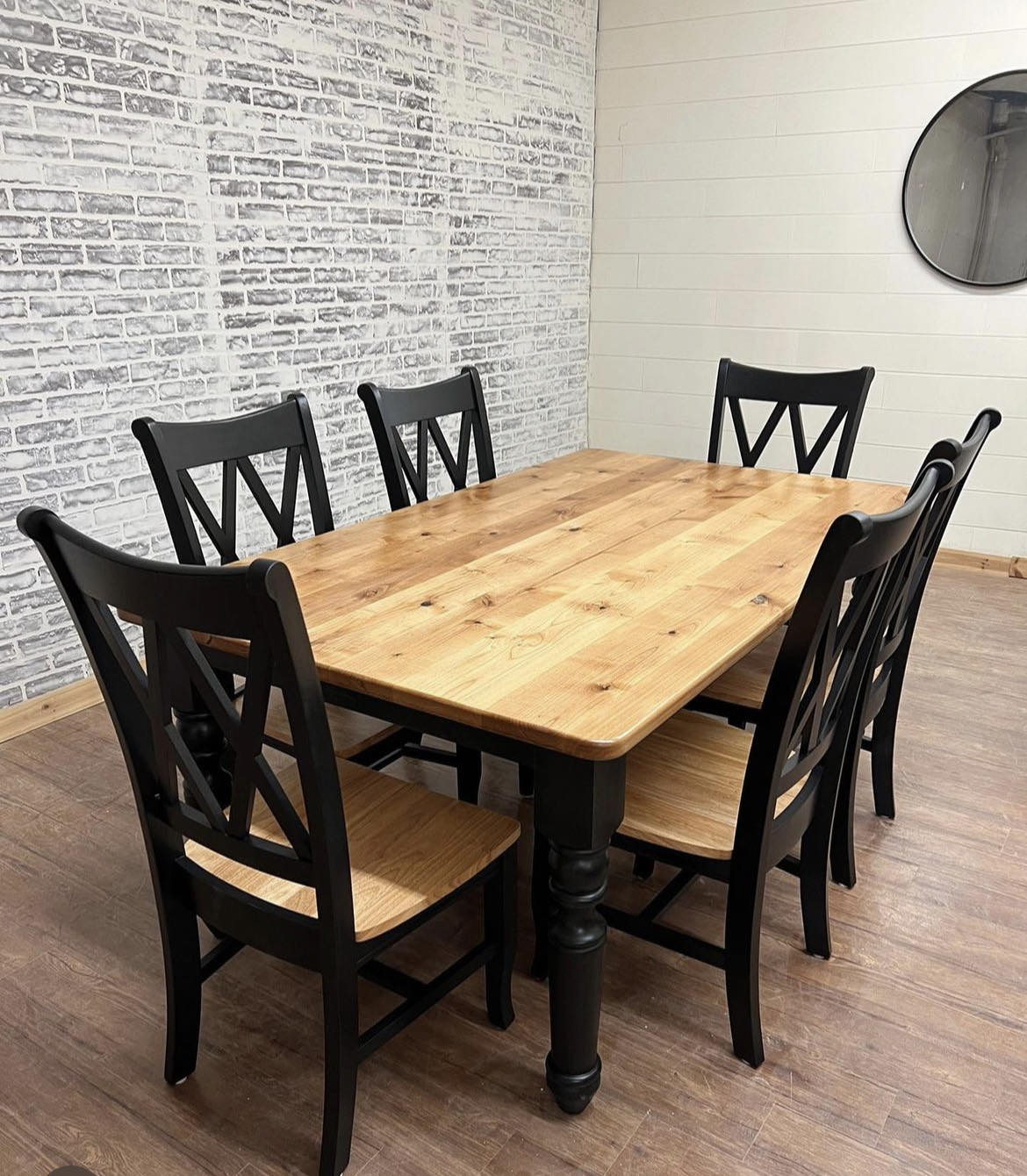 6' L x 42" W Rustic Alder New England Dining Table with 6 Double Cross Back Chairs