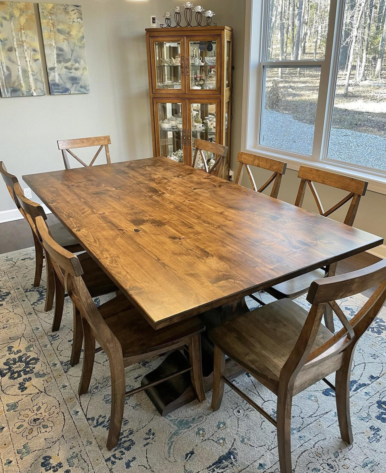 8' L x 42" W Rustic Alder Liberty Pedestal Dining Table with 8 Single Cross Back Chairs