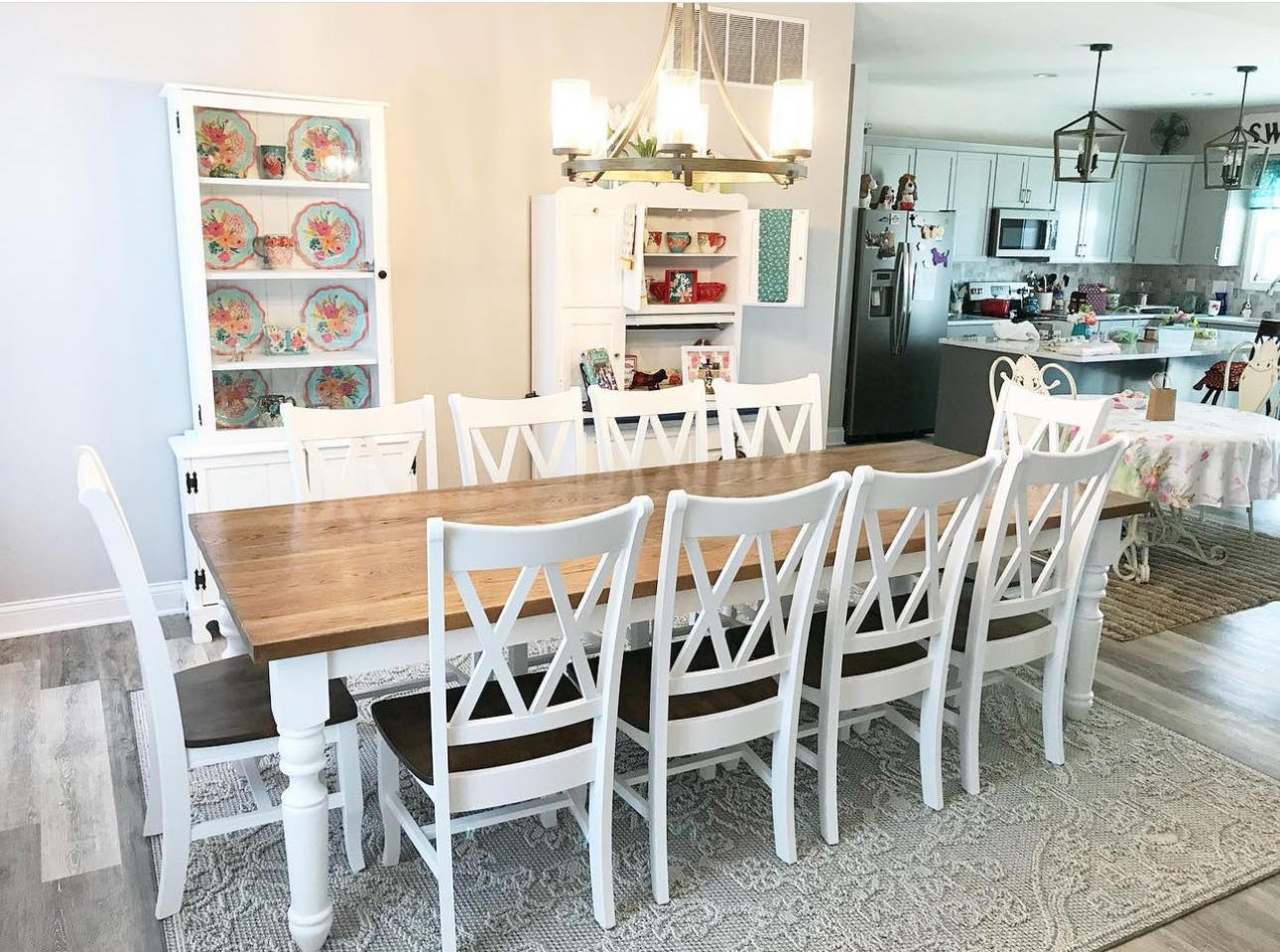 10' x 42" Hickory New England Dining Table with 10 Double Cross Back Chairs