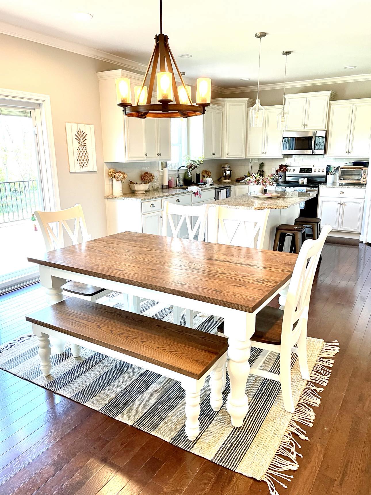 6' x 42" Red Oak Husky Dining Table with Bench and 4 Double Cross Back Chairs