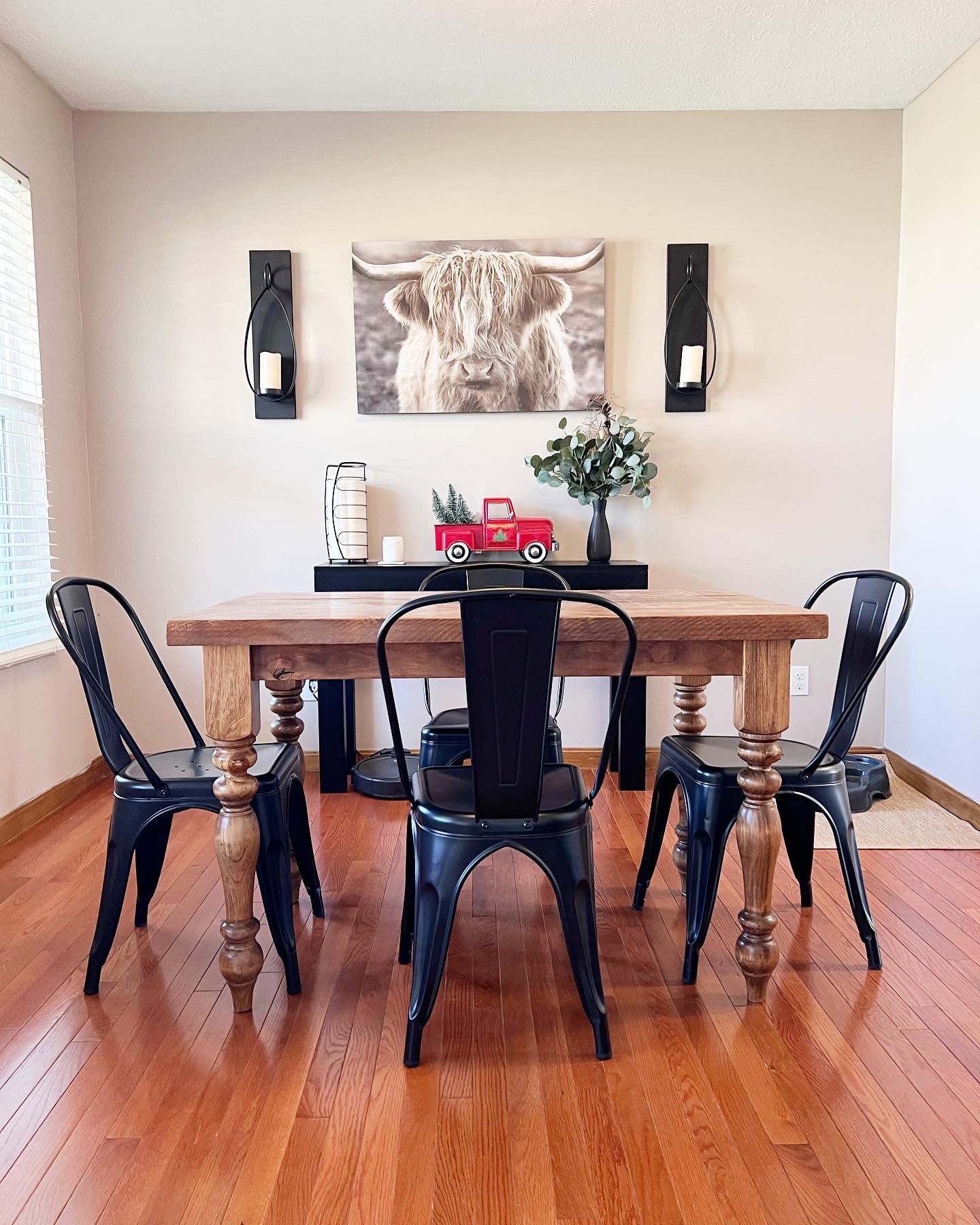 48" L x 36" W Rustic Farm Dining Table with 4 Black Industrial Chairs