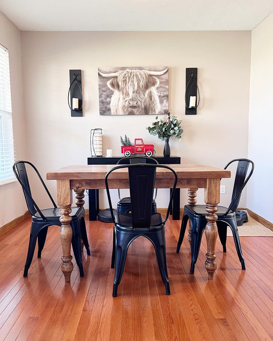 48" L x 36" W Rustic Farm Dining Table with 4 Black Industrial Chairs