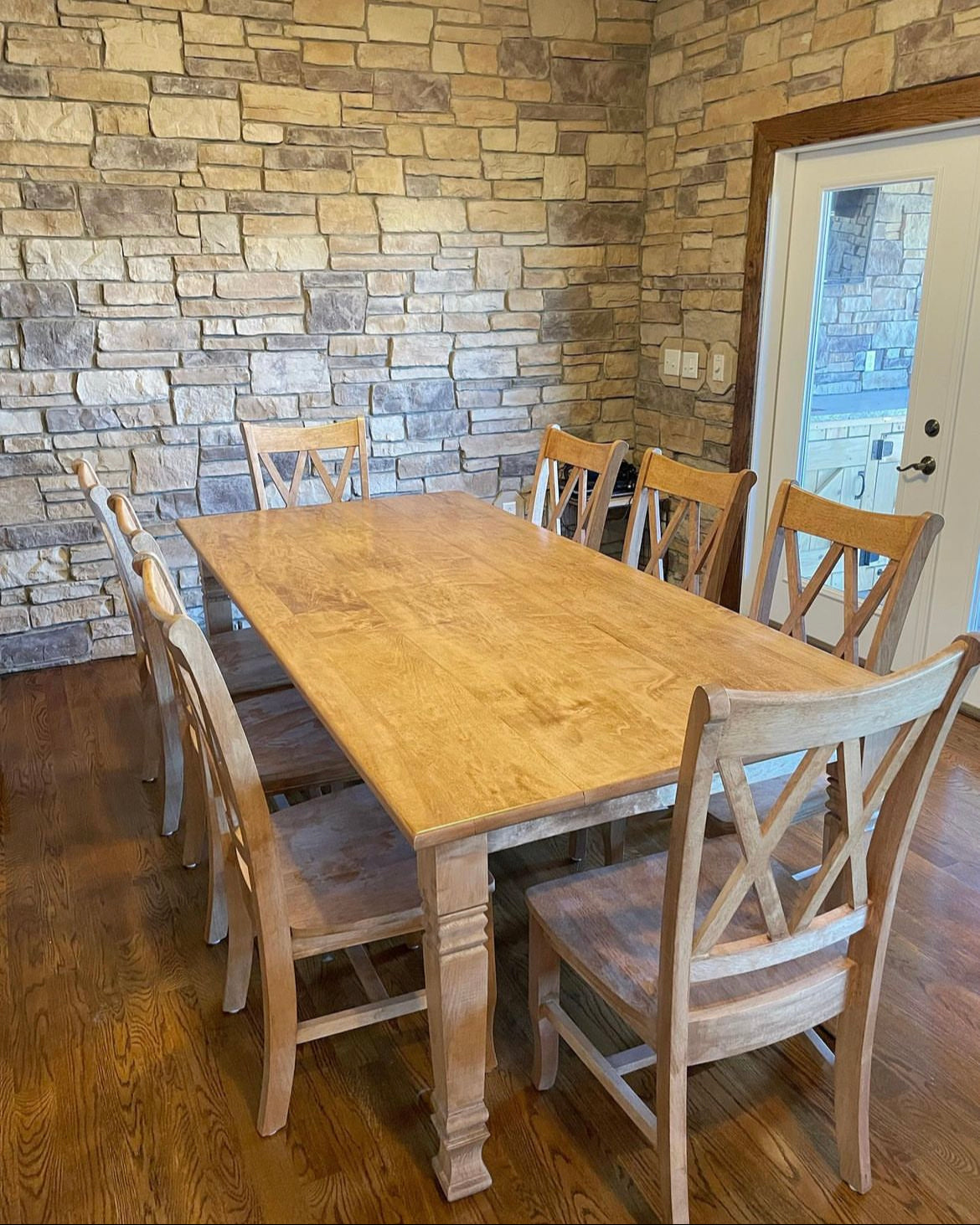 Pictured with an 8' L x 42" Long Hard Maple Dining Table with Early American Finish. Pictured with 8 Double Cross Back Chairs.
