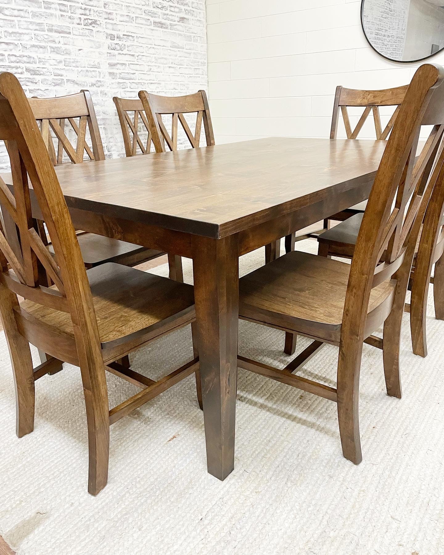 Pictured with a 6' L x 42" W Rustic Alder Table stained Espresso. Pictured with 6 Double Cross Back Dining Chairs.