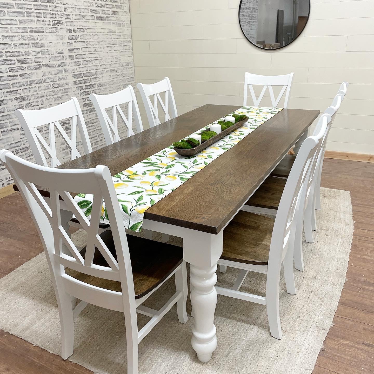 Pictured with an 8' L x 42" W White Oak top stained Espresso and a White painted base. Pictured with 8 Double Cross Back Chairs.