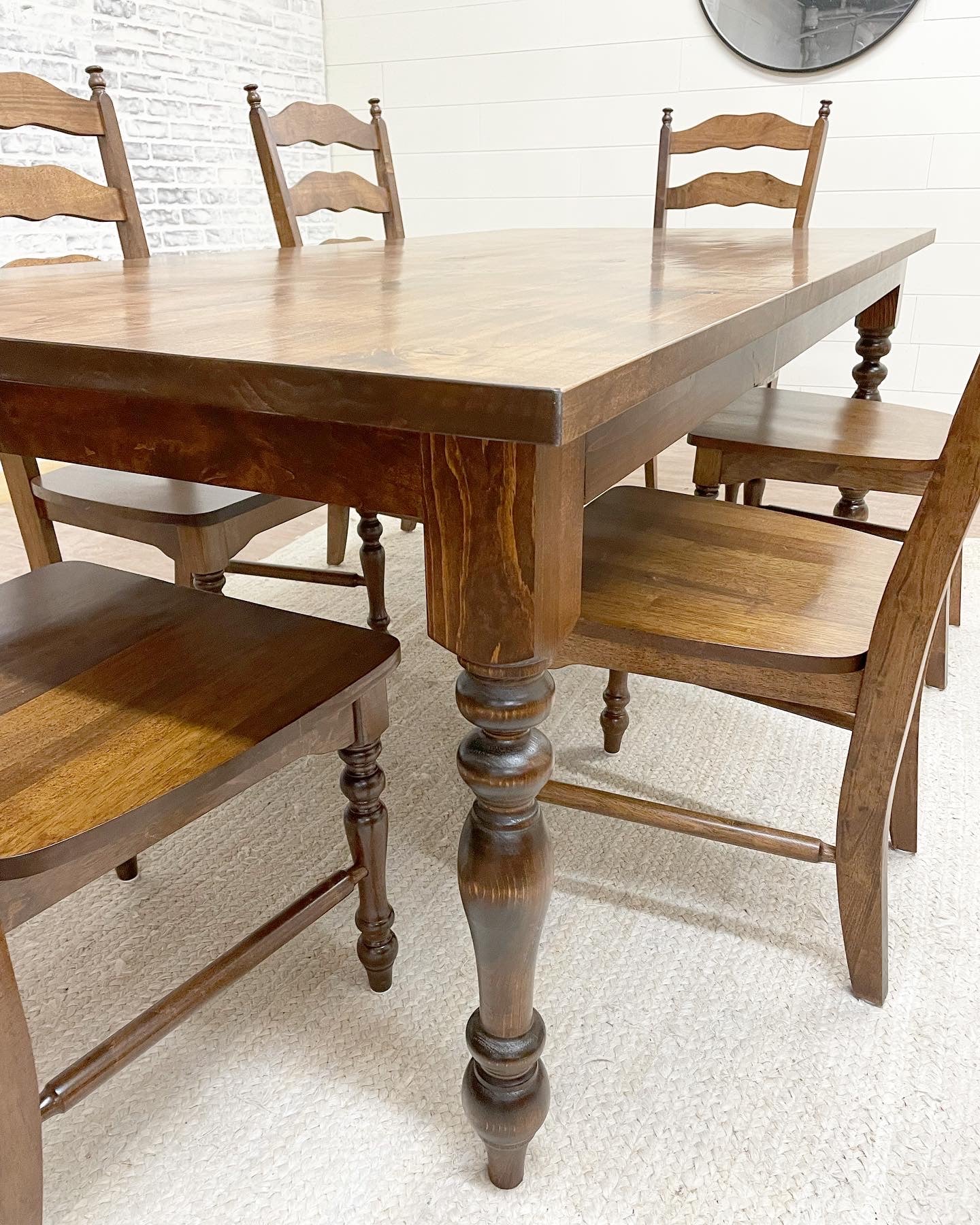 Close up of Pine legs with Rustic Alder Top in Honey Stain.