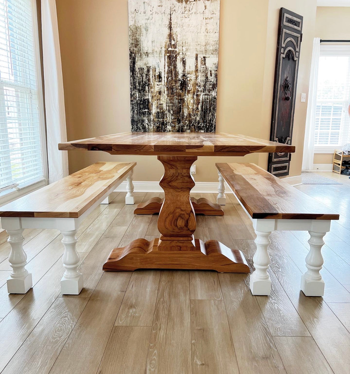 Pictured with an 8' L x 42" W Solid Hickory table in a Natural Finish. Pictured with two Hickory Monastery Benches.