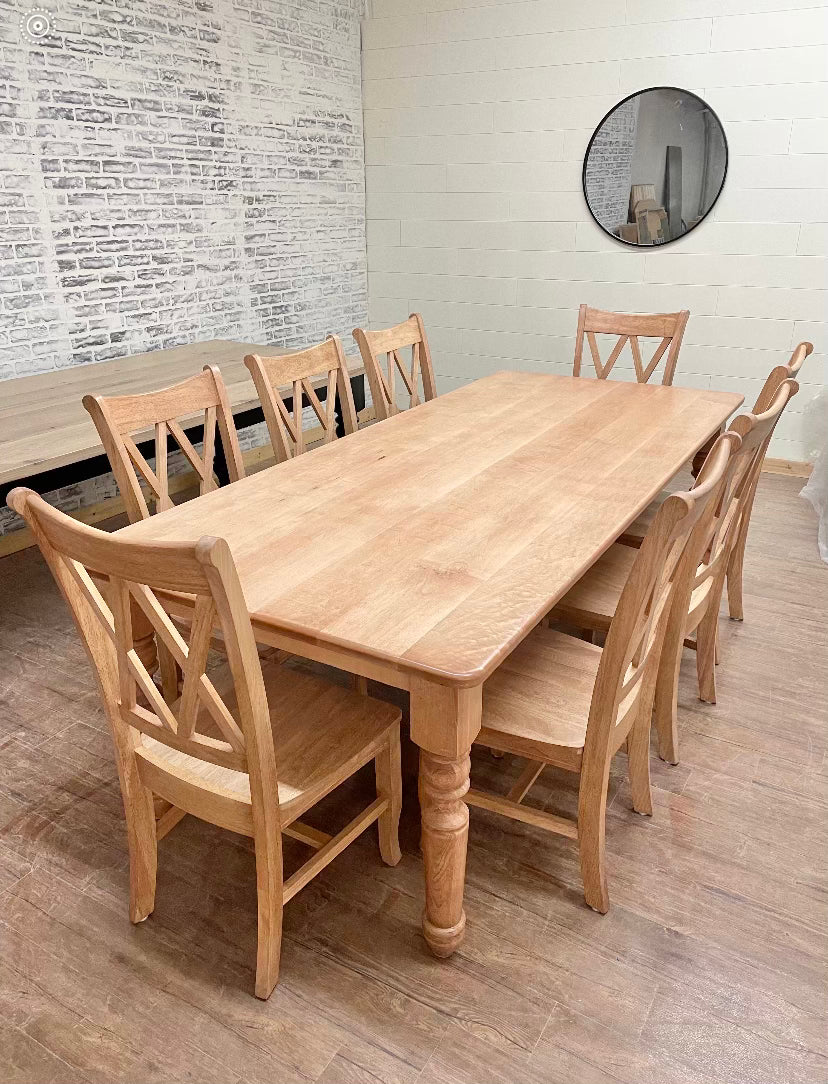 Pictured with an 8' L x 42" Hard Maple top and base with Natural finish. Pictured with 8 Double Cross Back Chairs.