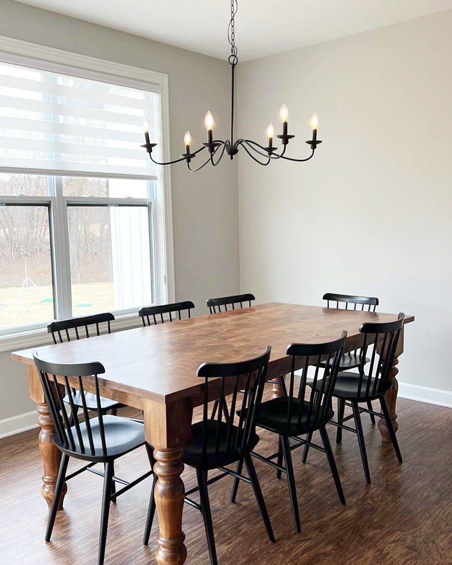 Pictured with an 8'L x 42"W Rustic Alder Table with Pine legs stained Early American. Pictured with 8 Lexington Chairs stained Black.