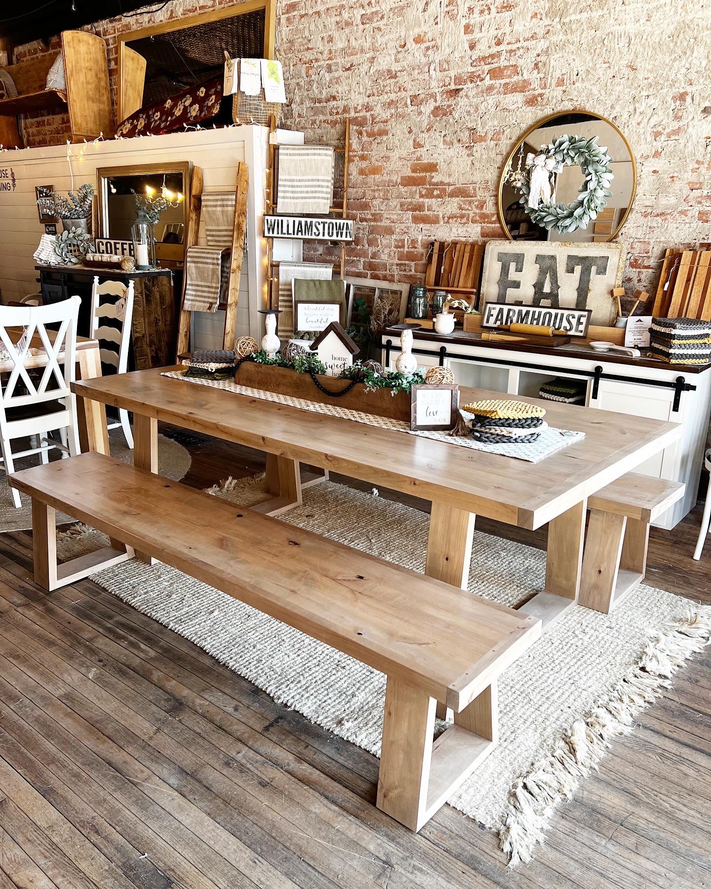 Pictured with a 7' L x 42" W Rustic Alder stained Weathered Oak. Pictured with two Matching Benches.