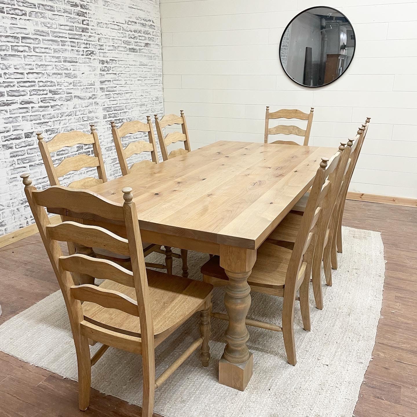 Pictured with an 8' L x 42" W Rustic Alder top and Pine legs stained Weathered Oak. Pictured with 8 Maine Ladder Back Chairs.