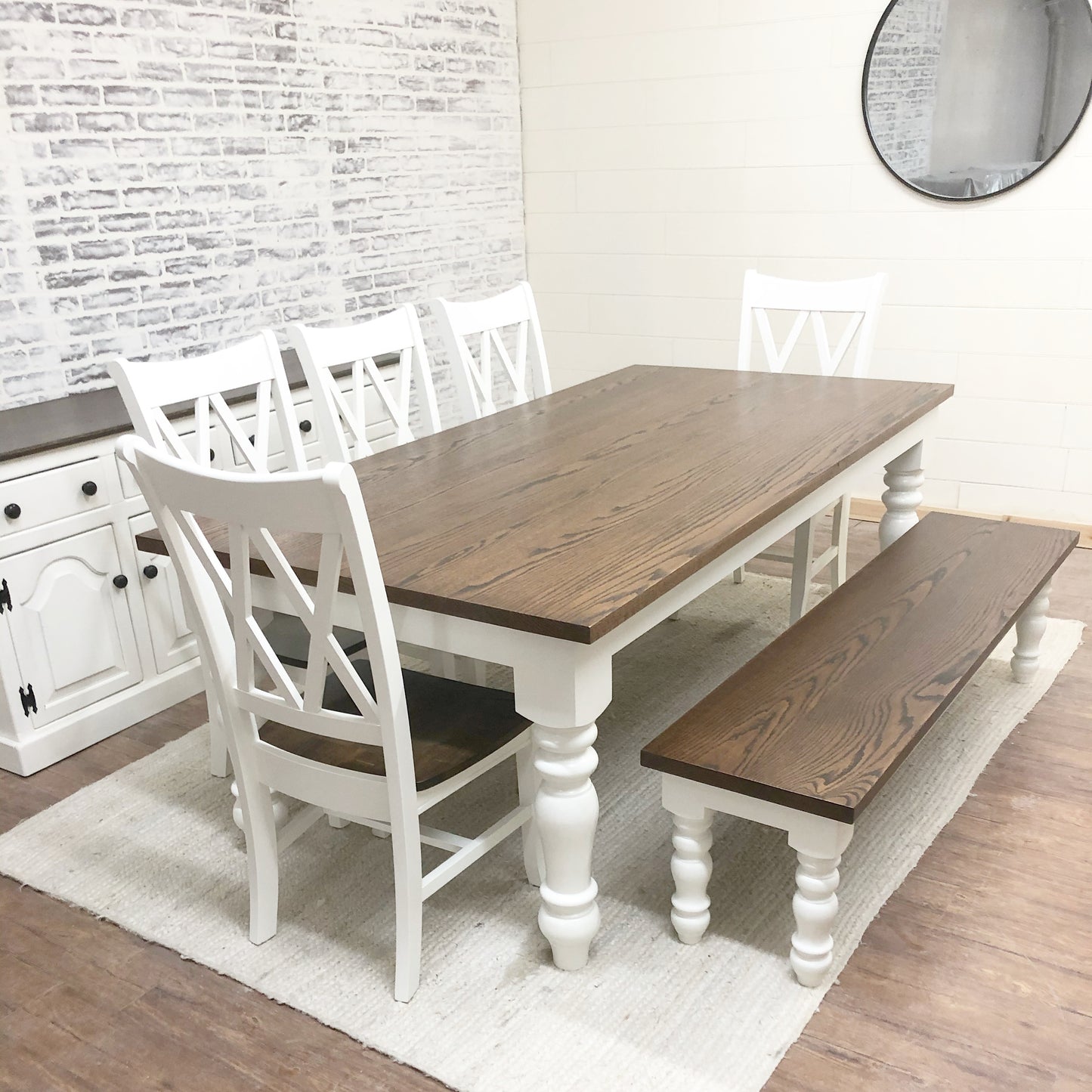 Pictured with a 7'L x 42" W Red Oak top stained Espresso with a White painted base. Pictured with a Matching Bench and 5 Double Cross Back Chairs.