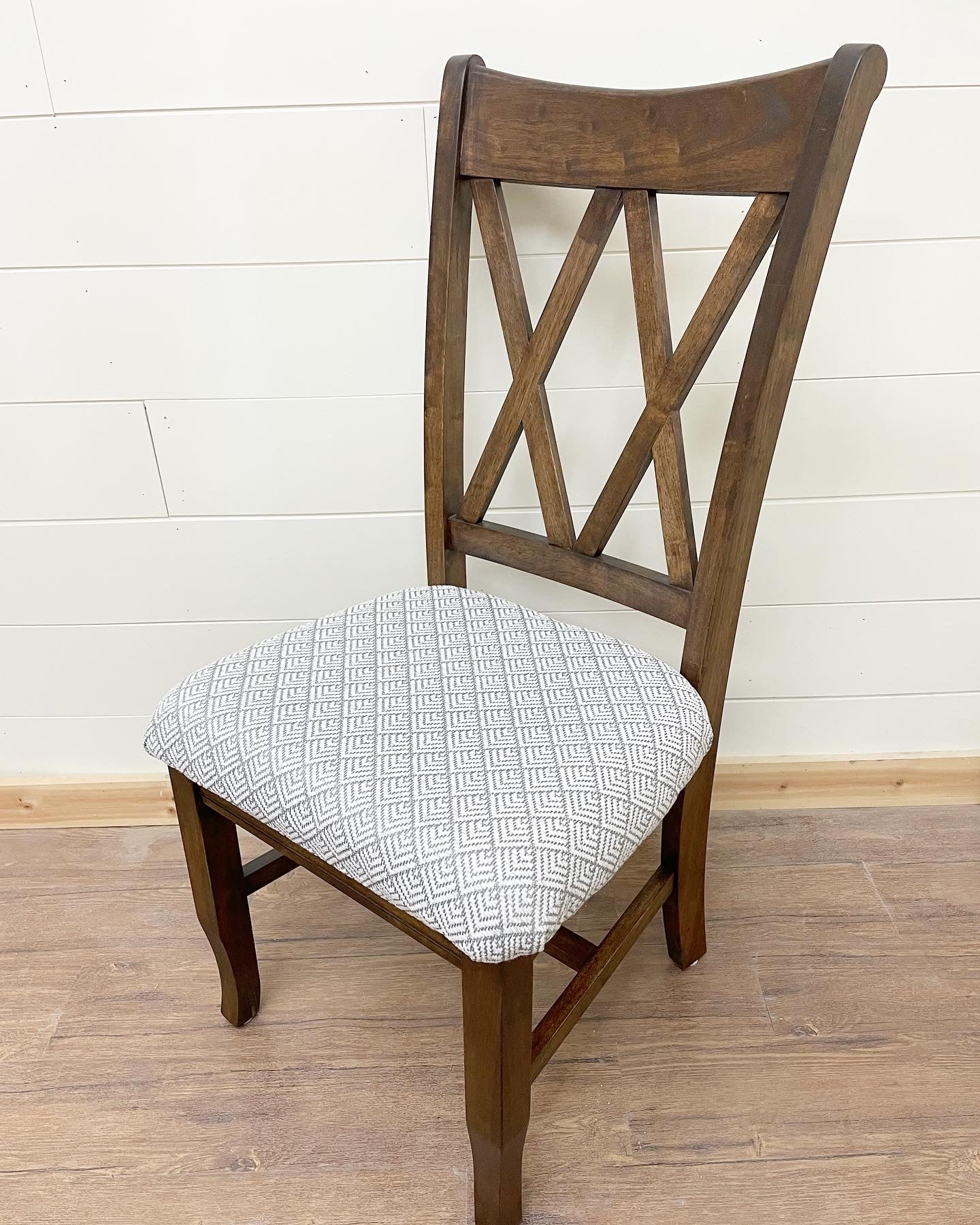 Pictured with Customized stain to match Walnut table and upholstered seat with fabric provided by client.
