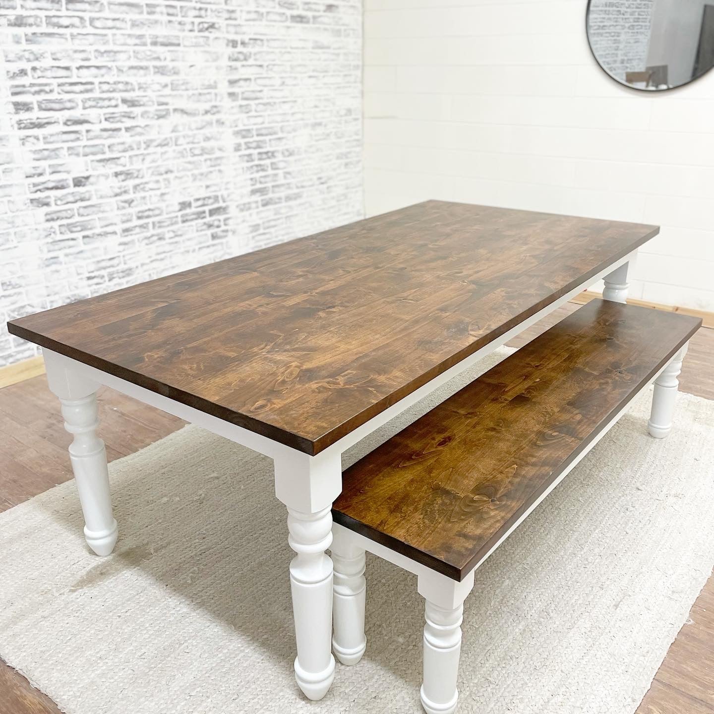 Pictured with an 8' L x 42" W Rustic Alder Top stained Honey with a White painted base. Pictured with a Matching Bench.