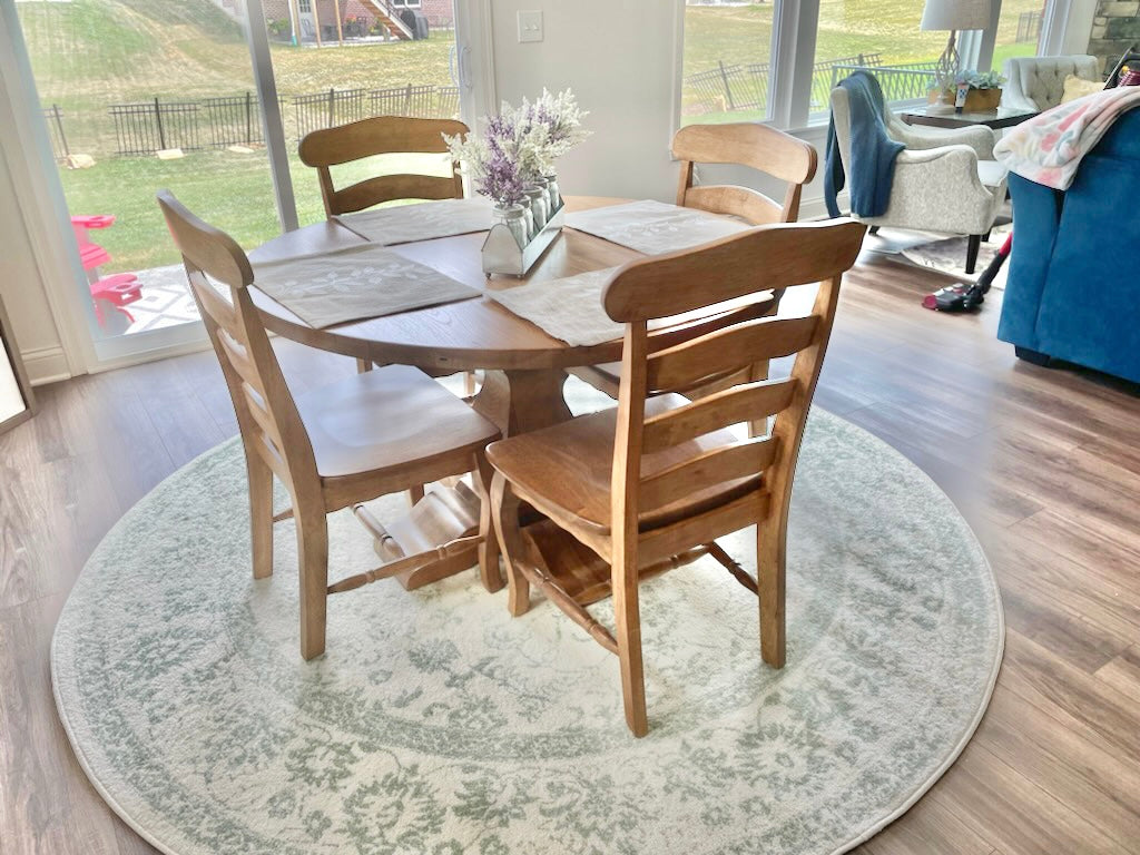 Pictured with a 54" W Hickory table with Honey stain. Pictured with 4 French Country Chairs.