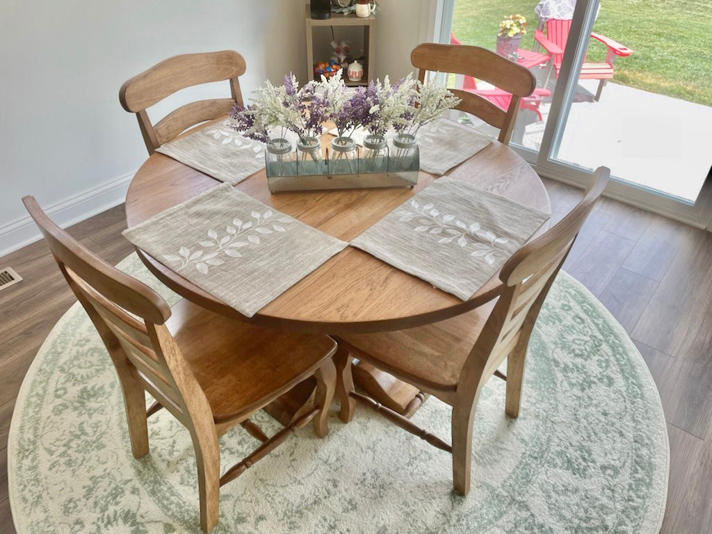 Pictured with a 54" W Hickory table with Honey stain. Pictured with 4 French Country Chairs.