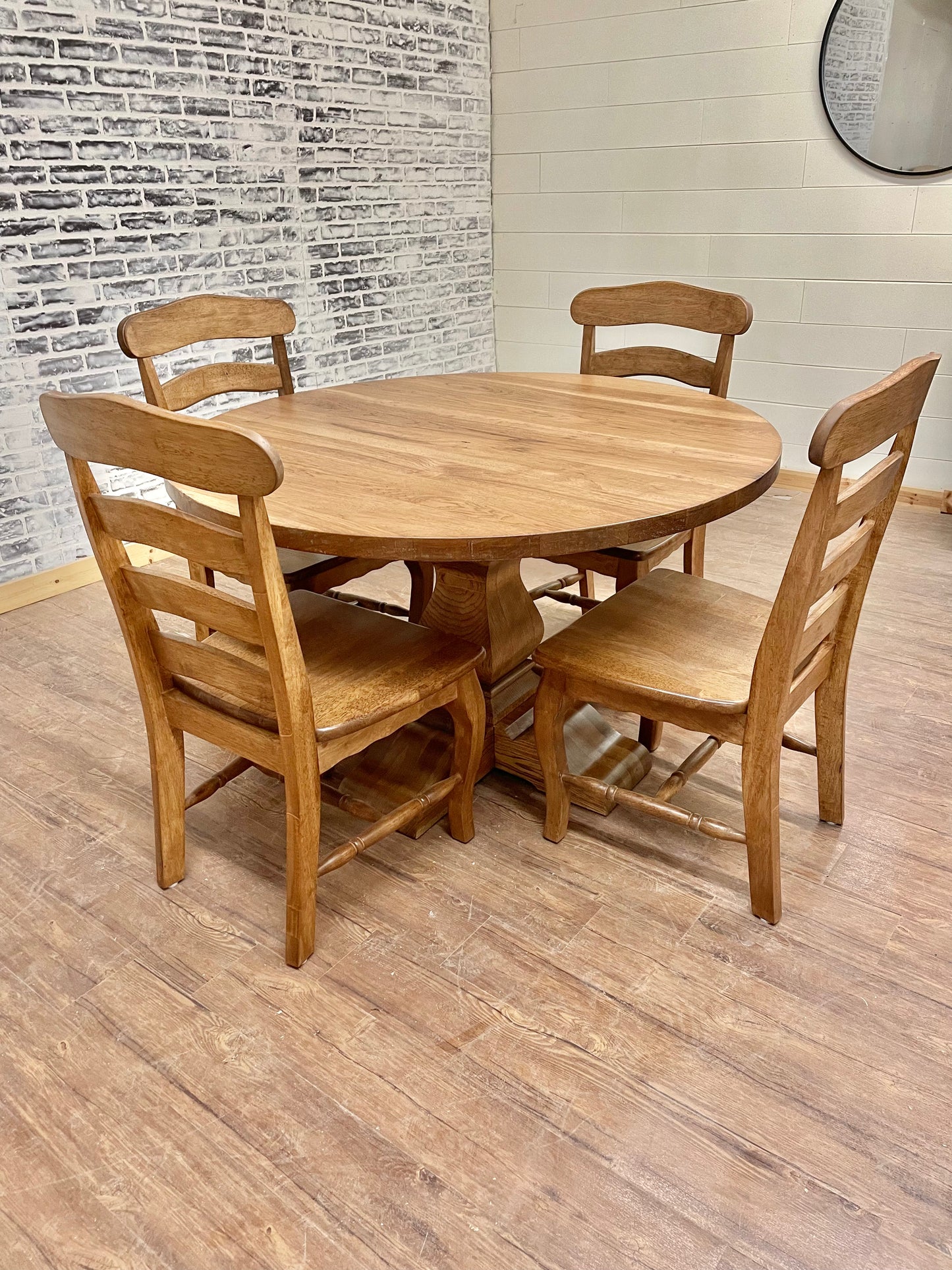 Pictured with a 54" W Hickory table with Honey stain. Pictured with 4 French Country Chairs.