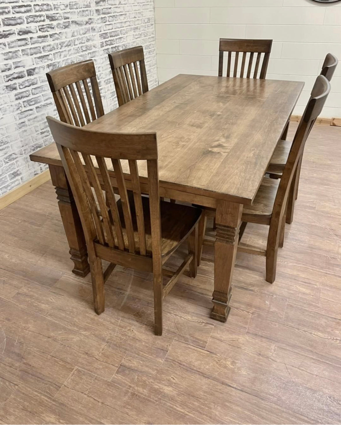Pictured with a 6'L x 42"W Hard Maple table stained Espresso. Pictured with 6 Mission Dining Chairs.