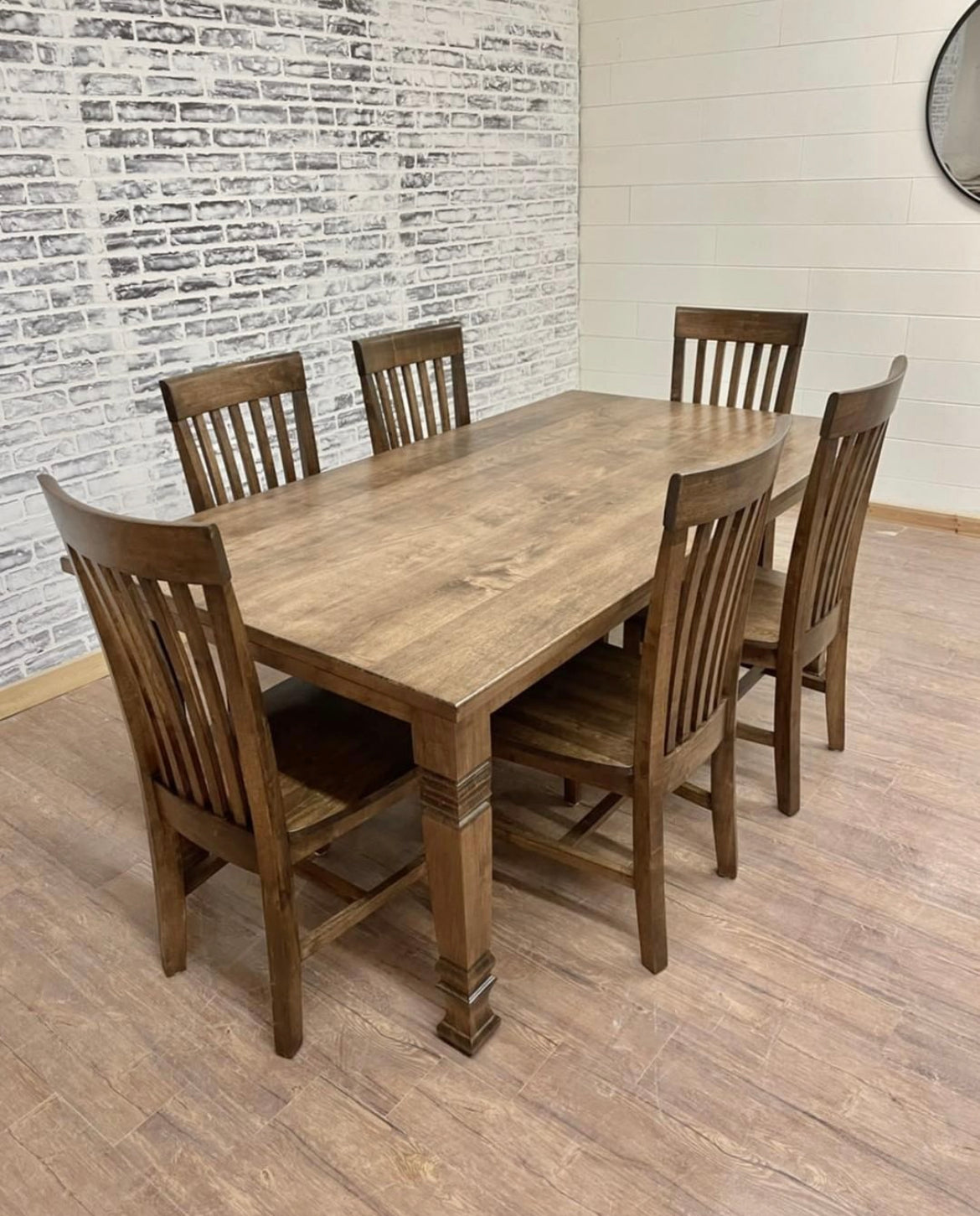 Pictured with a 6'L x 42"W Hard Maple table stained Espresso. Pictured with 6 Mission Dining Chairs.