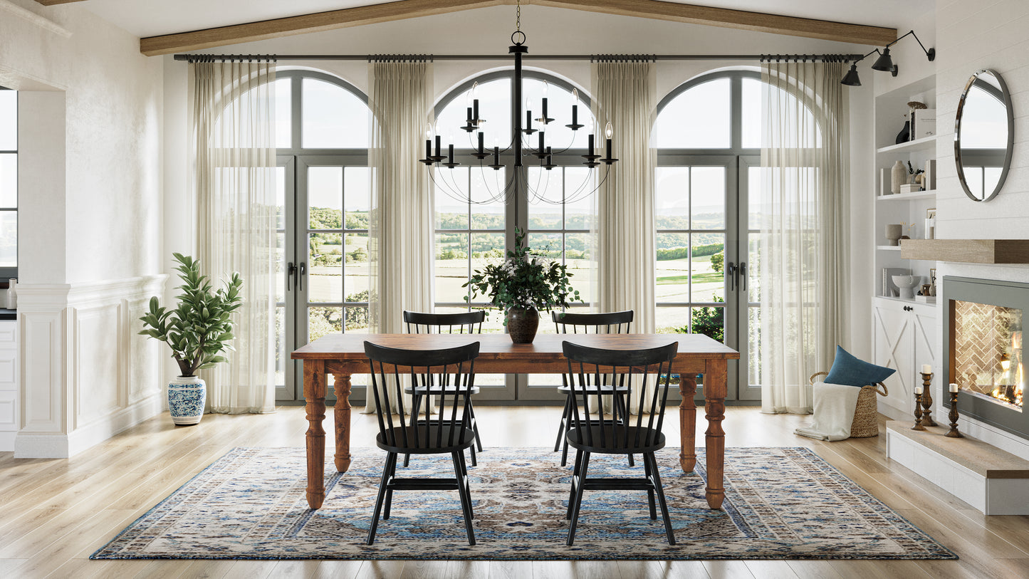 Pictured with a 7' L x 42" W Rustic Alder table stained Honey. Pictured with 4 Lexington Dining Chairs stained Black.