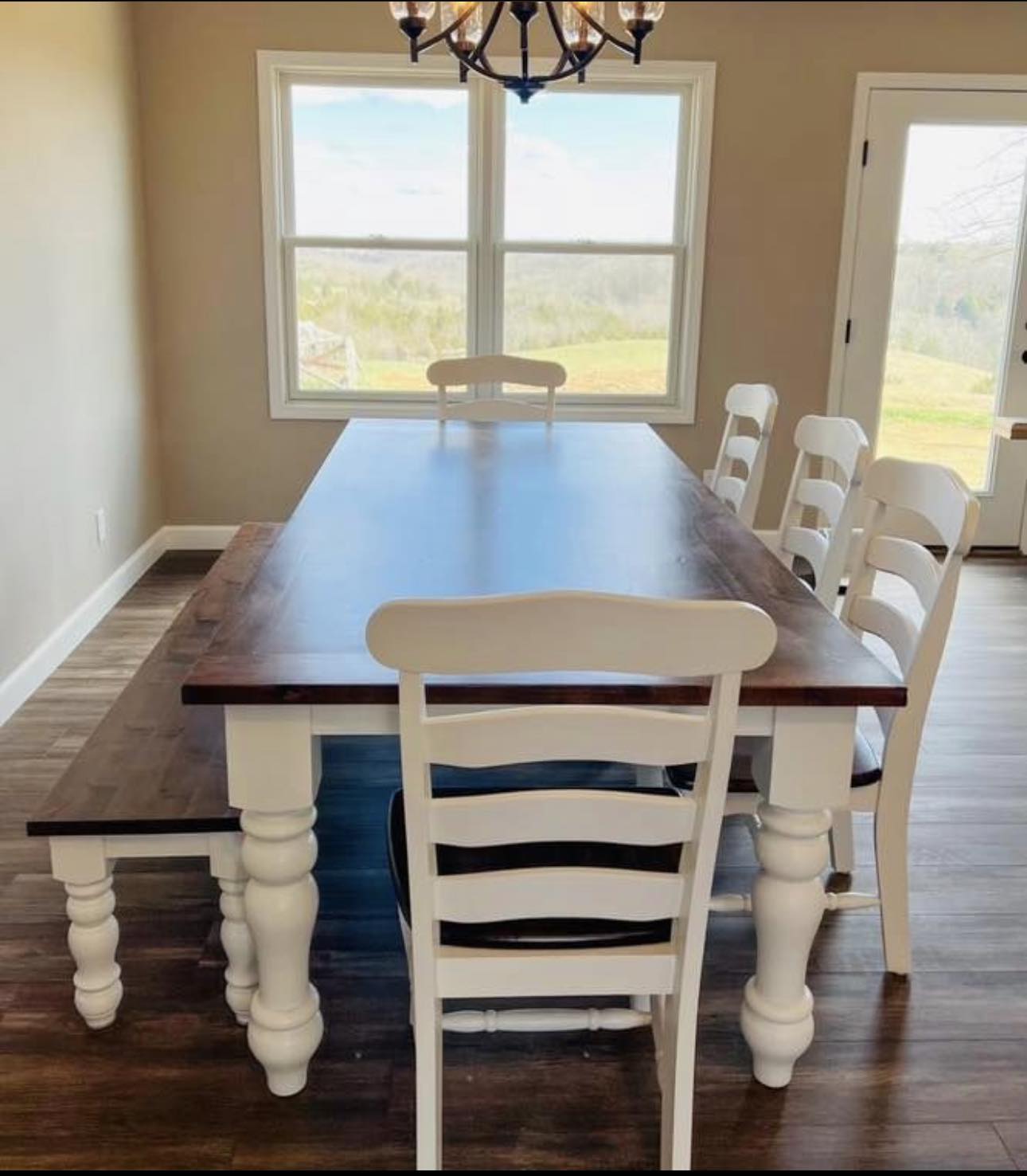 8' L x 42" Rustic Alder Husky Dining Table with Breadboard Matching Bench and 5 Country Cottage Chairs