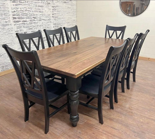 8' L x 42" W Walnut Husky Dining Table with 8 Double Cross Back Chairs