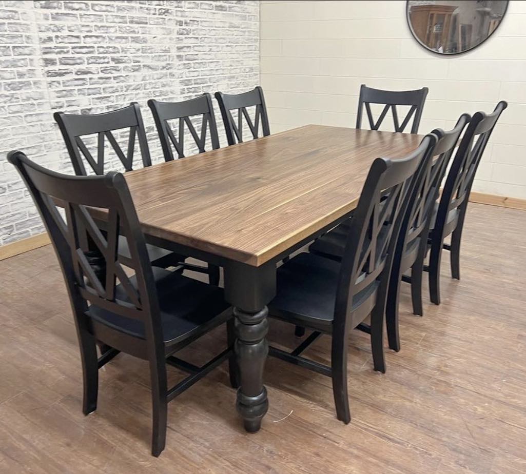 8' L x 42" W Walnut Husky Dining Table with 8 Double Cross Back Chairs