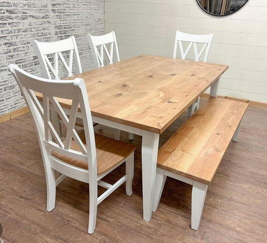 6' L x 42" W Rustic Alder Shaker Dining Table with Matching Bench and 4 Double Cross Back Chairs