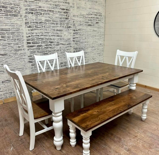 6' L x 42" Rustic Alder Husky Dining Table with Matching Bench and 4 Double Cross Back Chairs