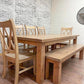 7' L x 42" W Rustic Alder Modern Dining Table with Matching Bench and 5 Double Cross Back Chairs