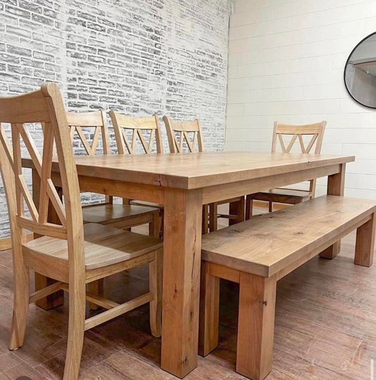 7' L x 42" W Rustic Alder Modern Dining Table with Matching Bench and 5 Double Cross Back Chairs