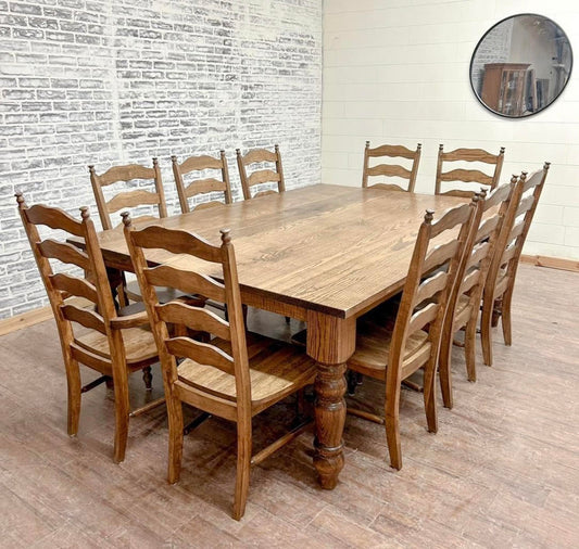 8' L x 60" W Red Oak Husky Dining Table and 10 Maine Ladder Back Chairs