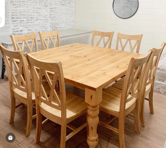 60" x 60" Rustic Alder Husky Dining Table with 8 Double Cross Back Chairs