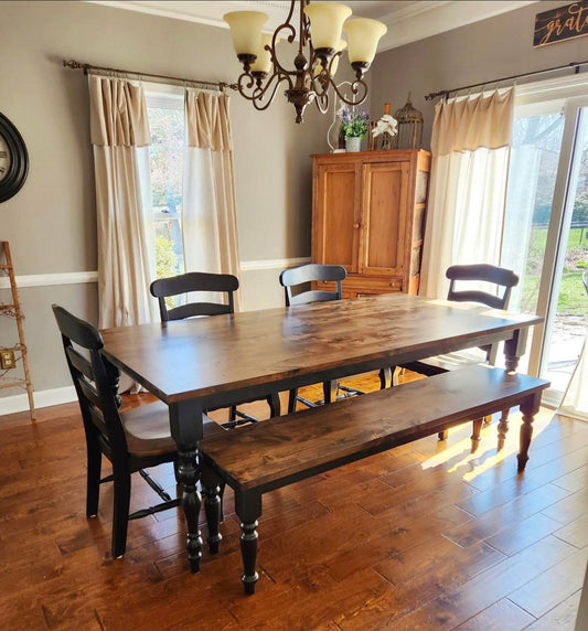 7' L x 42" W Rustic Alder Paris Dining Table with Matching Bench and 4 French Country Chairs