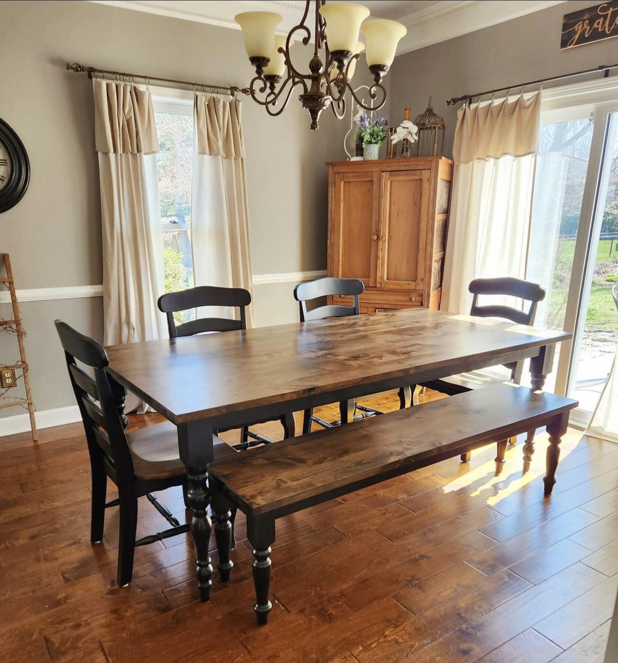 7' L x 42" W Rustic Alder Paris Dining Table with Matching Bench and 4 French Country Chairs