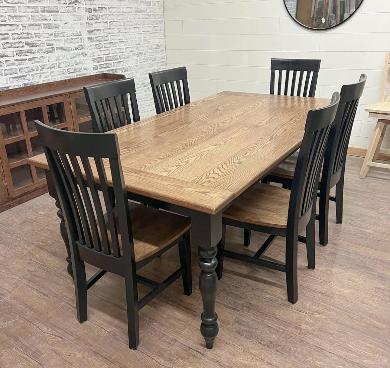 6.5' L x 42" W Red Oak Country Cottage Dining Table with Bread Board and 6 Mission Dining Chairs