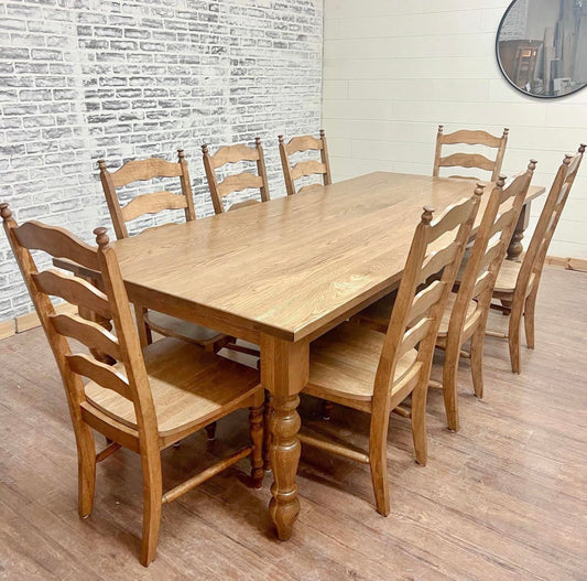 8' L x 42" W White Oak Traditional Husky Dining Table With 8 Maine Ladder Back Chairs