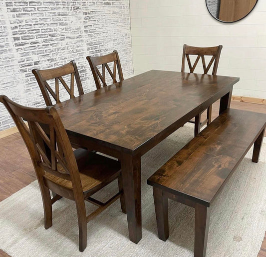 6' L x 42" W Rustic Alder Shaker Dining Table with Matching Bench and 4 Double Cross Back Chairs