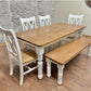 6' L x 42" W Red Oak New England Dining Table with Matching Bench and 4 Double Cross Back Chairs