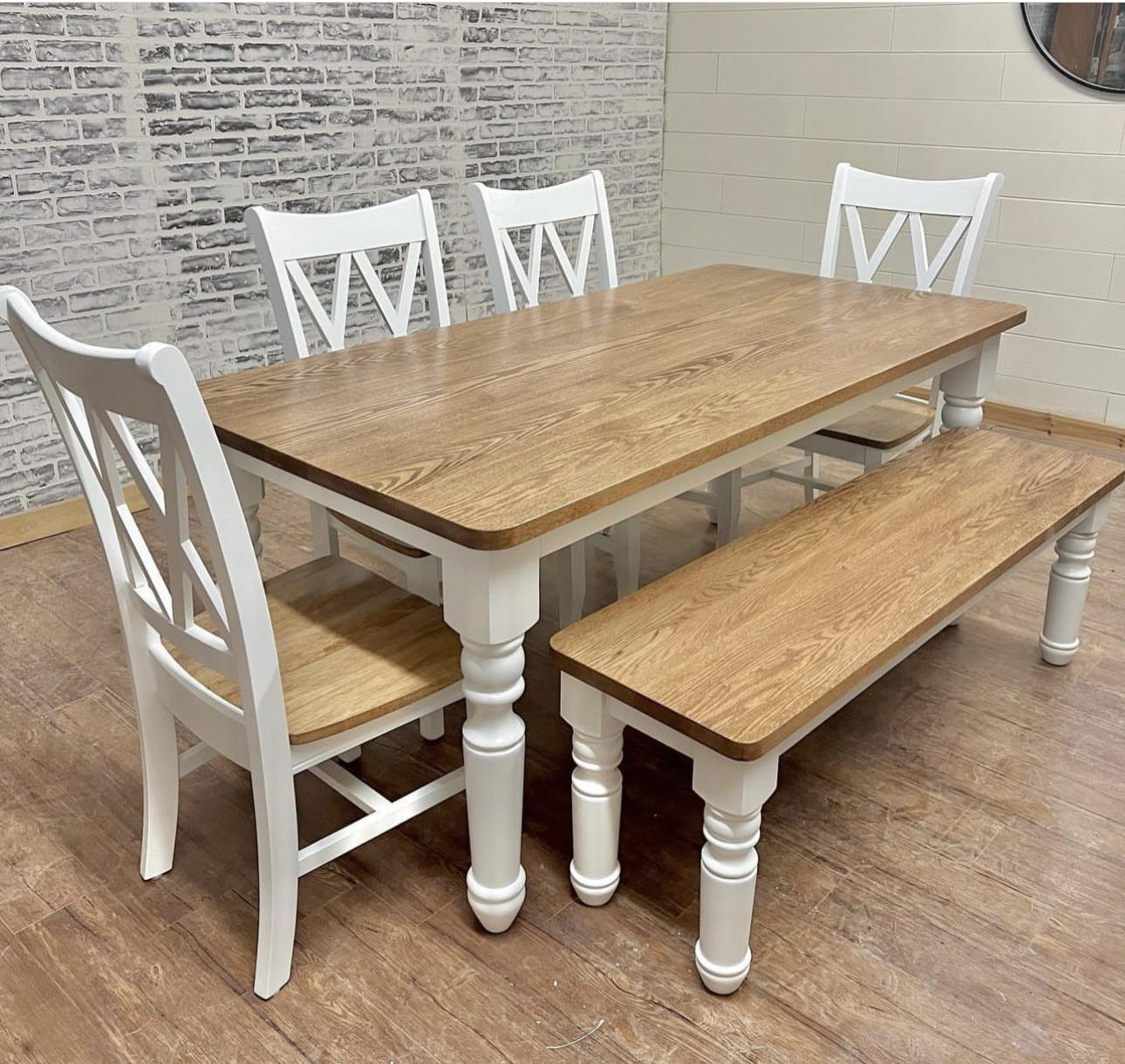 6' L x 42" W Red Oak New England Dining Table with Matching Bench and 4 Double Cross Back Chairs