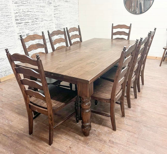 8' L x 42" W Walnut Husky Dining Table with 8 Maine Ladder Back Chairs