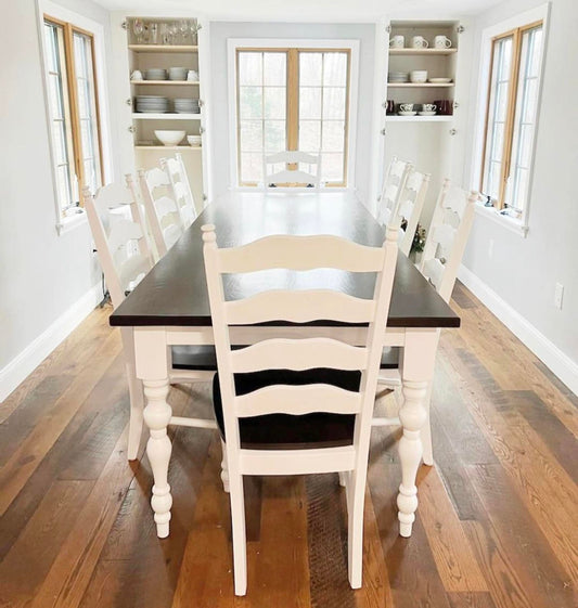 8' L x 42" W White Oak Paris Dining Table with 8 Maine Ladder Back Chairs