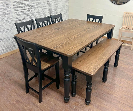 7' L x 42" W Red Oak Counter Height New England Dining Table with Matching Bench and 6 Double Cross Back Chairs