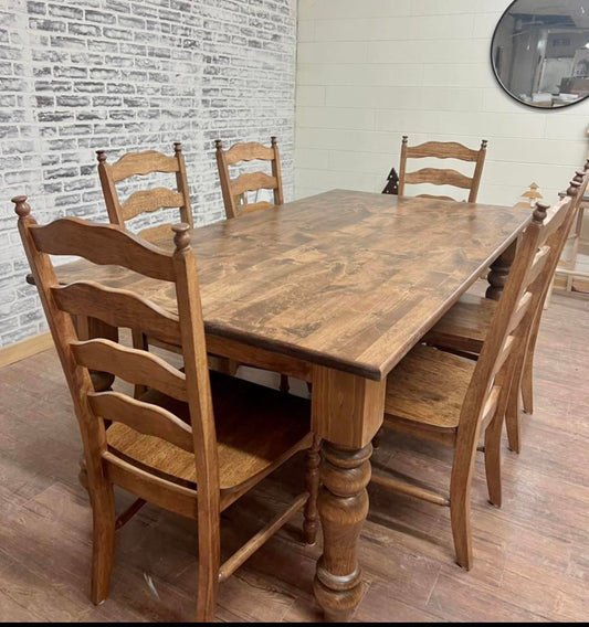 6' L x 42" W Rustic Alder Husky Dining Table with 6 Maine Ladder Back Chairs