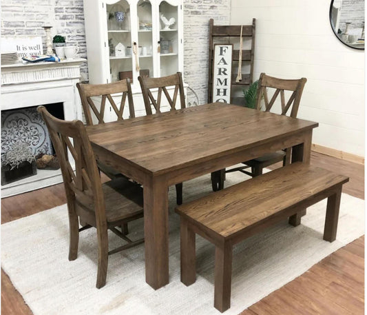 5' L x 42" W Red Oak Modern Dining Table with Matching Bench and 4 Double Cross Back Chairs