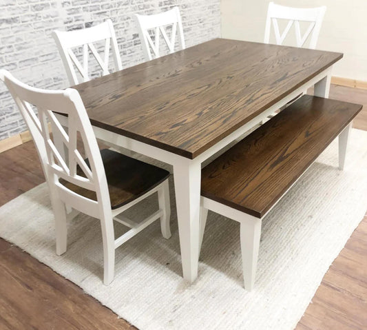6' L X 42" W Red Oak Dining Table with Matching Bench and 4 Double Cross Back Chairs