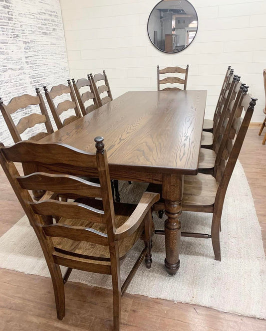 9' L x 42" W Red Oak New England Dining Table with 10 Double Cross Back Chairs