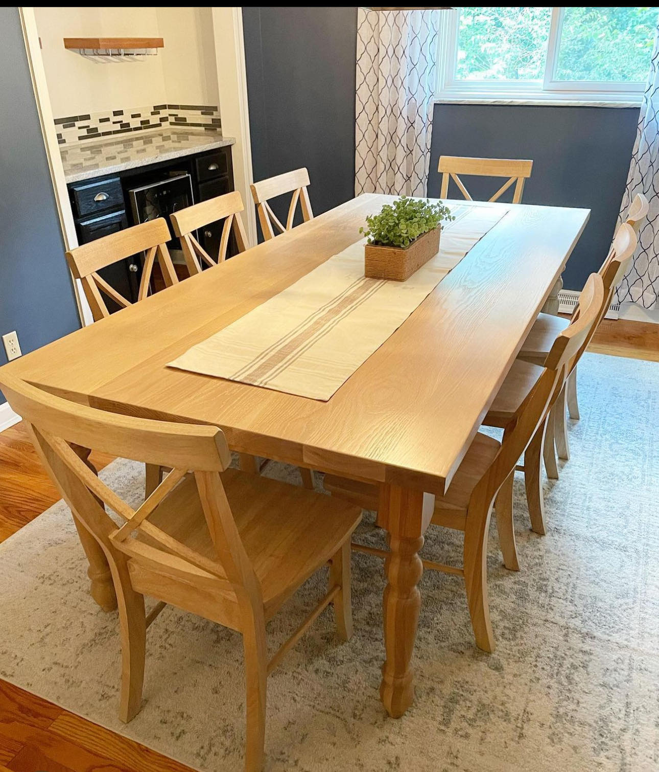 8' x 42" White Oak Country Cottage Dining Table with 8 Single Cross Back Chairs